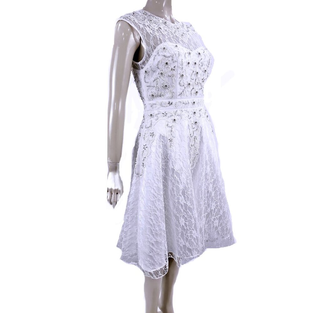 NWT Sue Wong Rhinestone Embellished White Lace & Ribbon Knee Length Dress #512